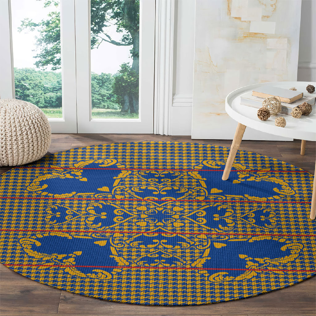 Cobalt Blue Hearts Crown Traditional Geometry Round Carpet Seanamarena Basotho Blanket Inspired