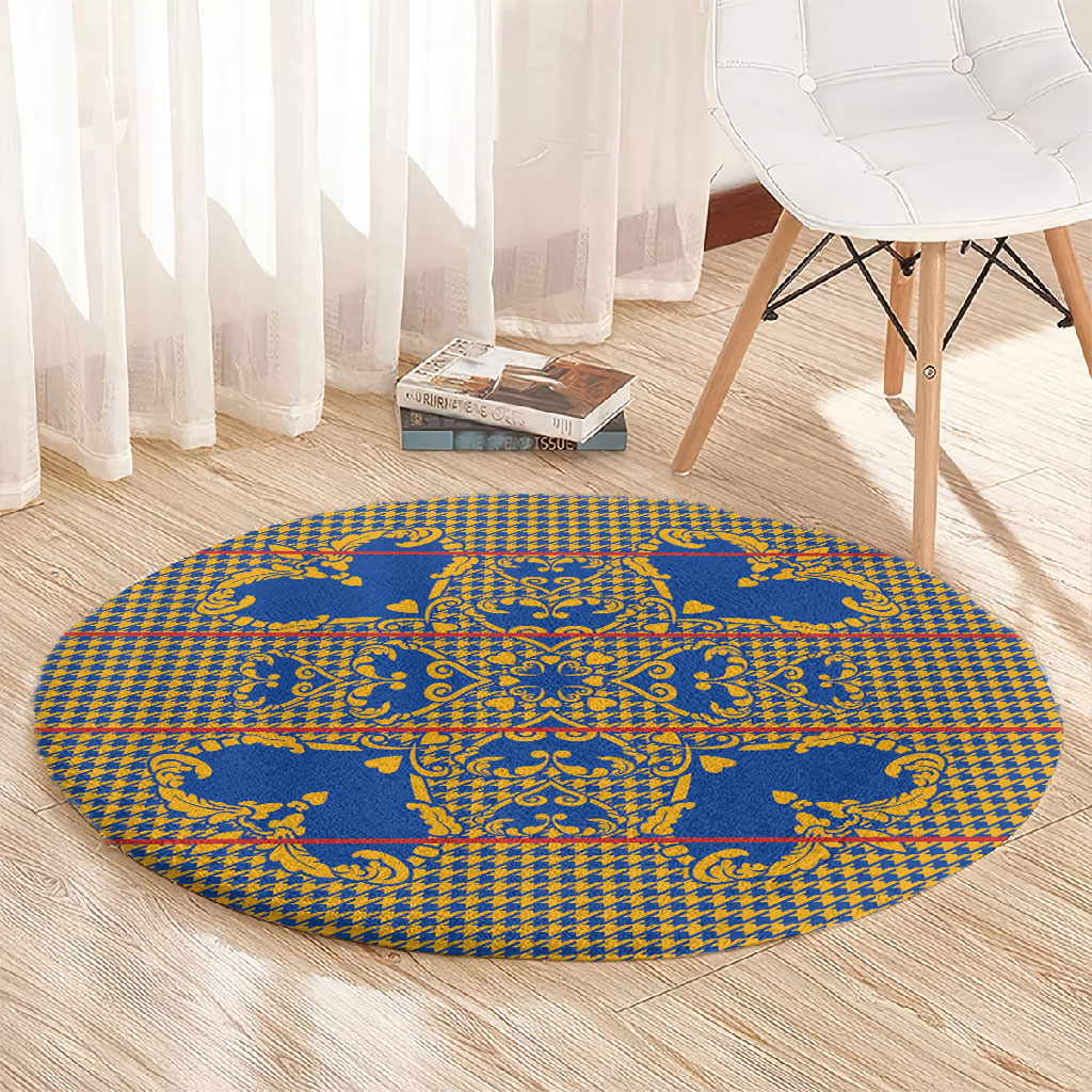 Cobalt Blue Hearts Crown Traditional Geometry Round Carpet Seanamarena Basotho Blanket Inspired