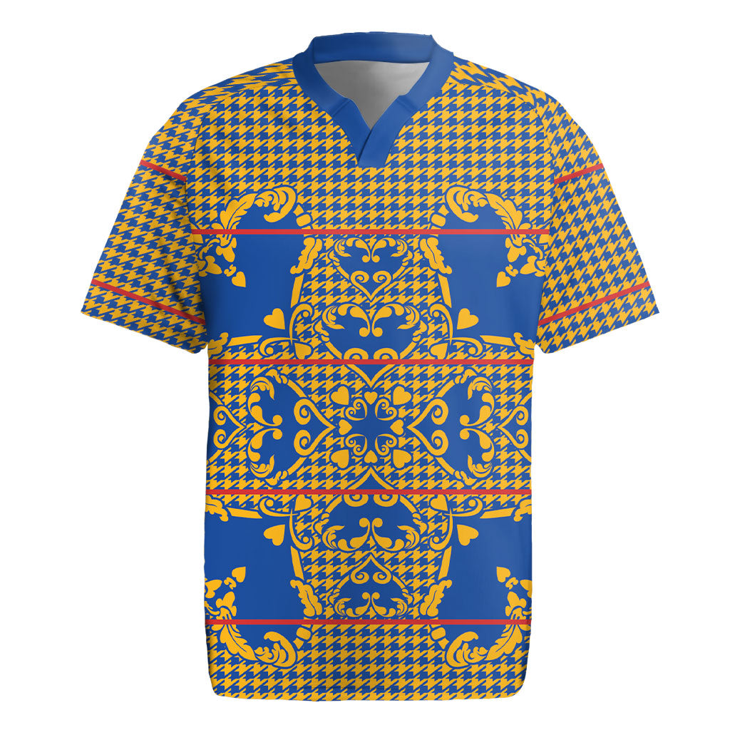 Cobalt Blue Hearts Crown Traditional Geometry Rugby Jersey Seanamarena Basotho Blanket Inspired