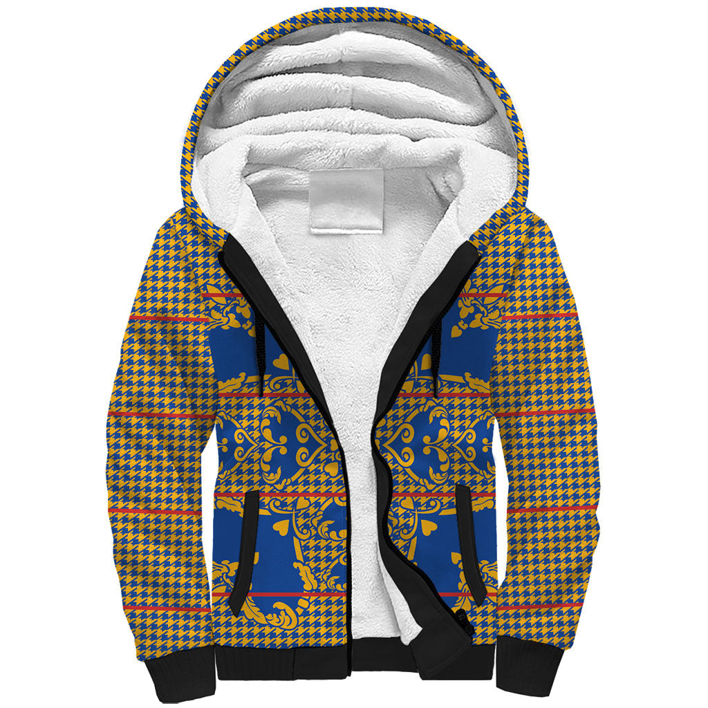 Cobalt Blue Hearts Crown Traditional Geometry Sherpa Hoodie Seanamarena Basotho Blanket Inspired