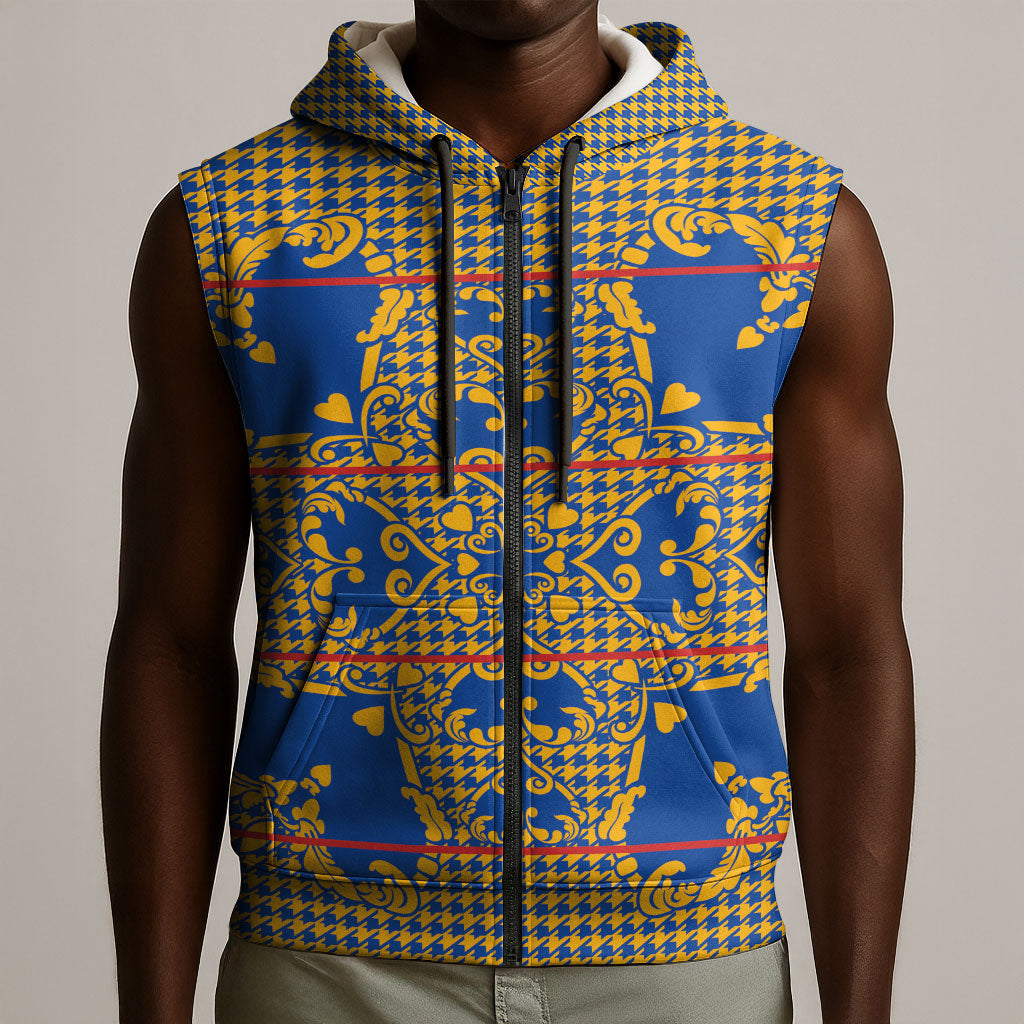 Cobalt Blue Hearts Crown Traditional Geometry Sleeveless Zip Hoodie Seanamarena Basotho Blanket Inspired
