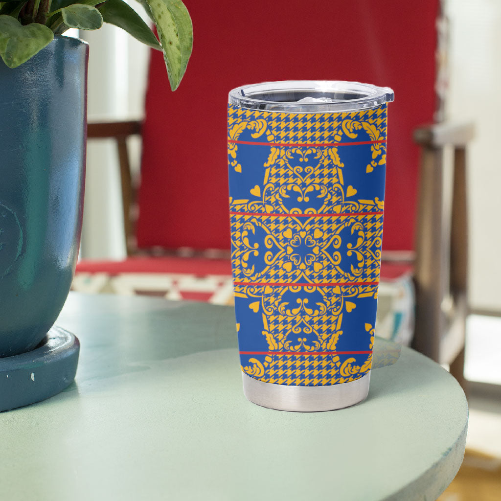 Cobalt Blue Hearts Crown Traditional Geometry Tumbler Cup Seanamarena Basotho Blanket Inspired