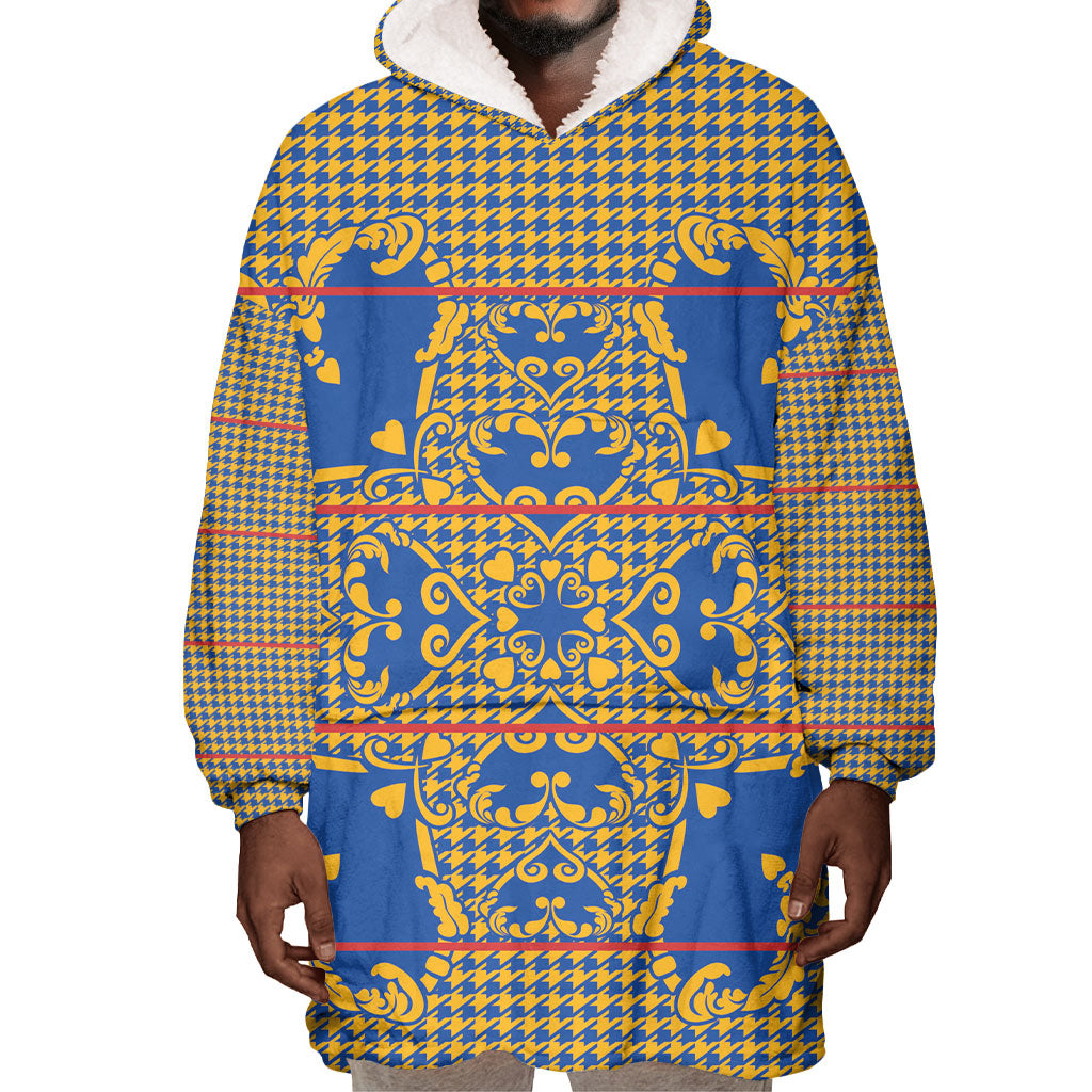 Cobalt Blue Hearts Crown Traditional Geometry Wearable Blanket Hoodie Seanamarena Basotho Blanket Inspired