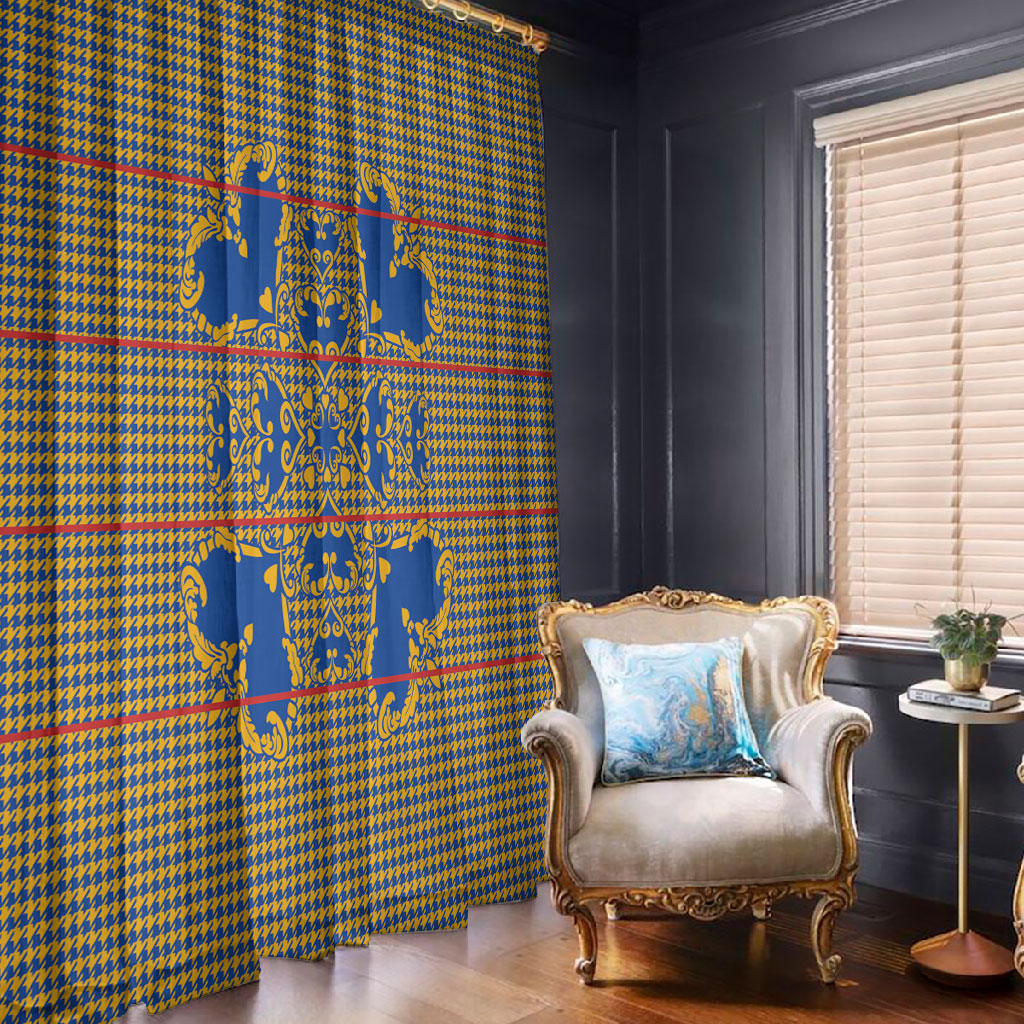 Cobalt Blue Hearts Crown Traditional Geometry Window Curtain Seanamarena Basotho Blanket Inspired