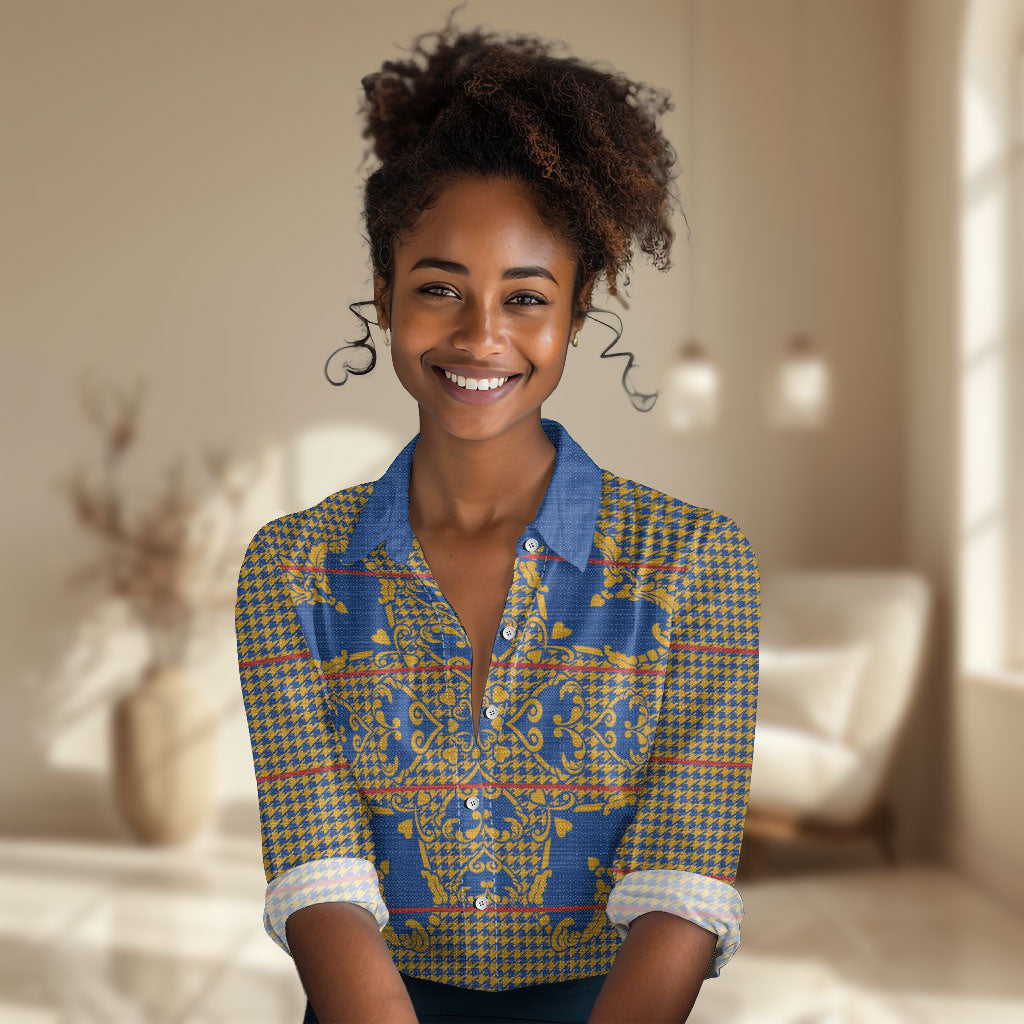 Cobalt Blue Hearts Crown Traditional Geometry Women Casual Shirt Seanamarena Basotho Blanket Inspired