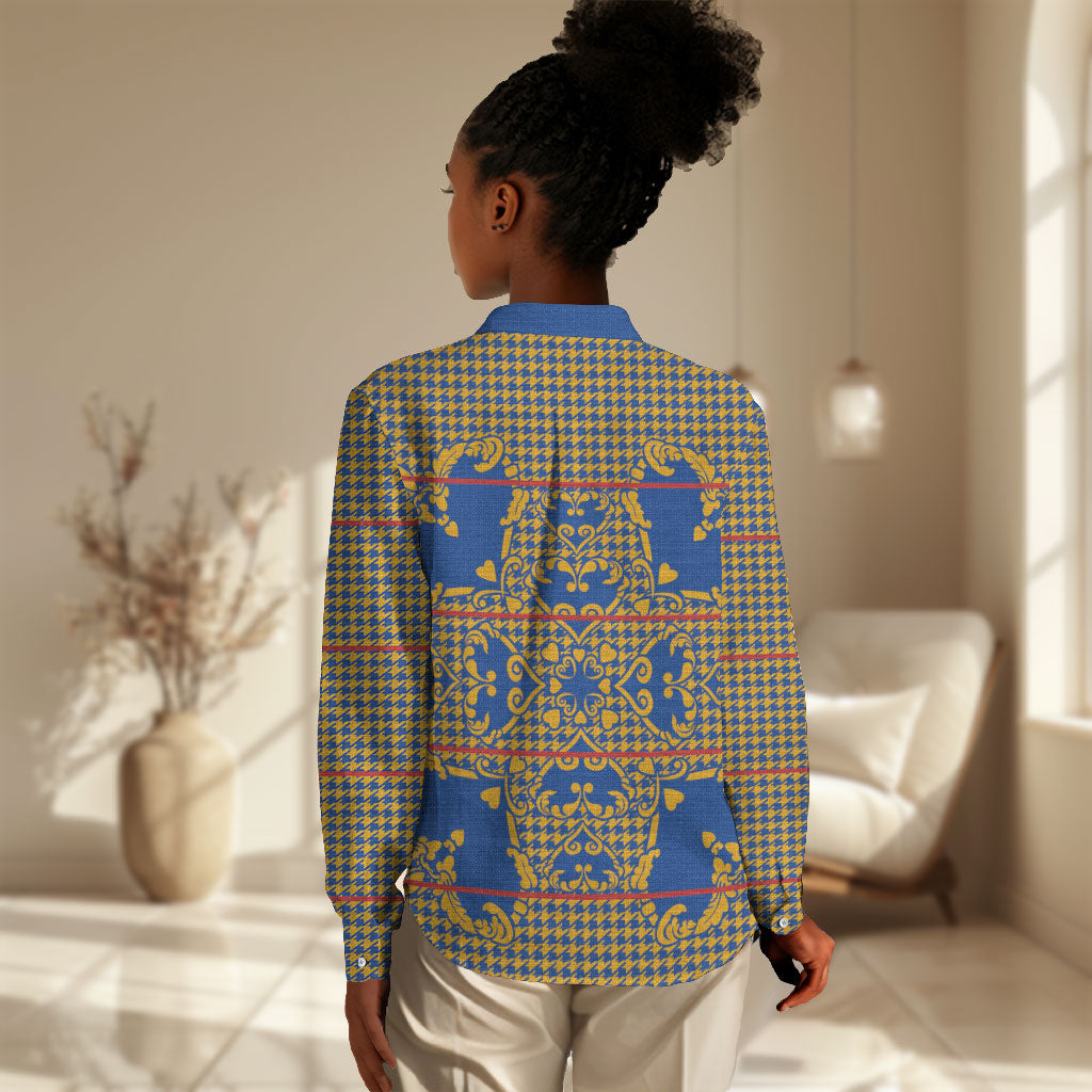 Cobalt Blue Hearts Crown Traditional Geometry Women Casual Shirt Seanamarena Basotho Blanket Inspired