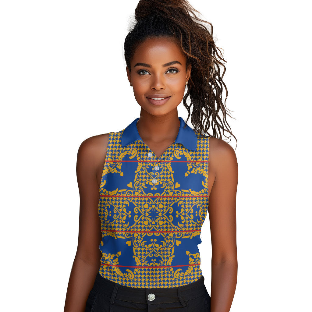 Cobalt Blue Hearts Crown Traditional Geometry Women Sleeveless Polo Shirt Seanamarena Basotho Blanket Inspired