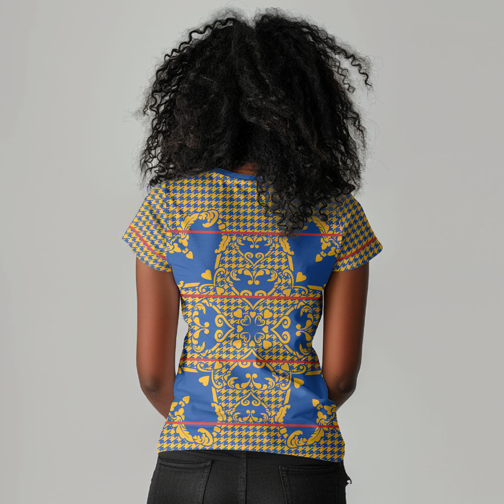 Cobalt Blue Hearts Crown Traditional Geometry Women V-Neck T-Shirt Seanamarena Basotho Blanket Inspired