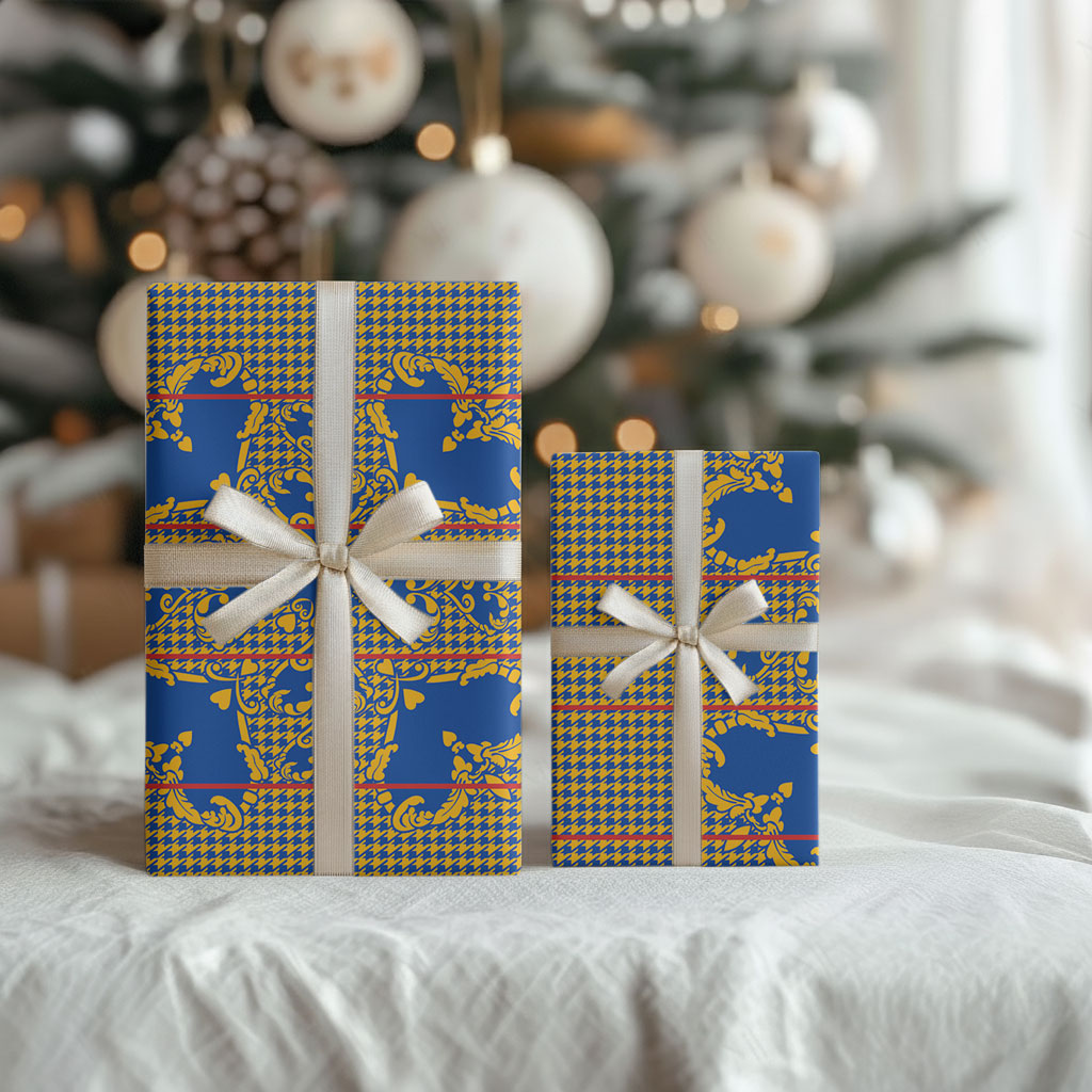 Cobalt Blue Hearts Crown Traditional Geometry Wrapping Paper Seanamarena Basotho Blanket Inspired