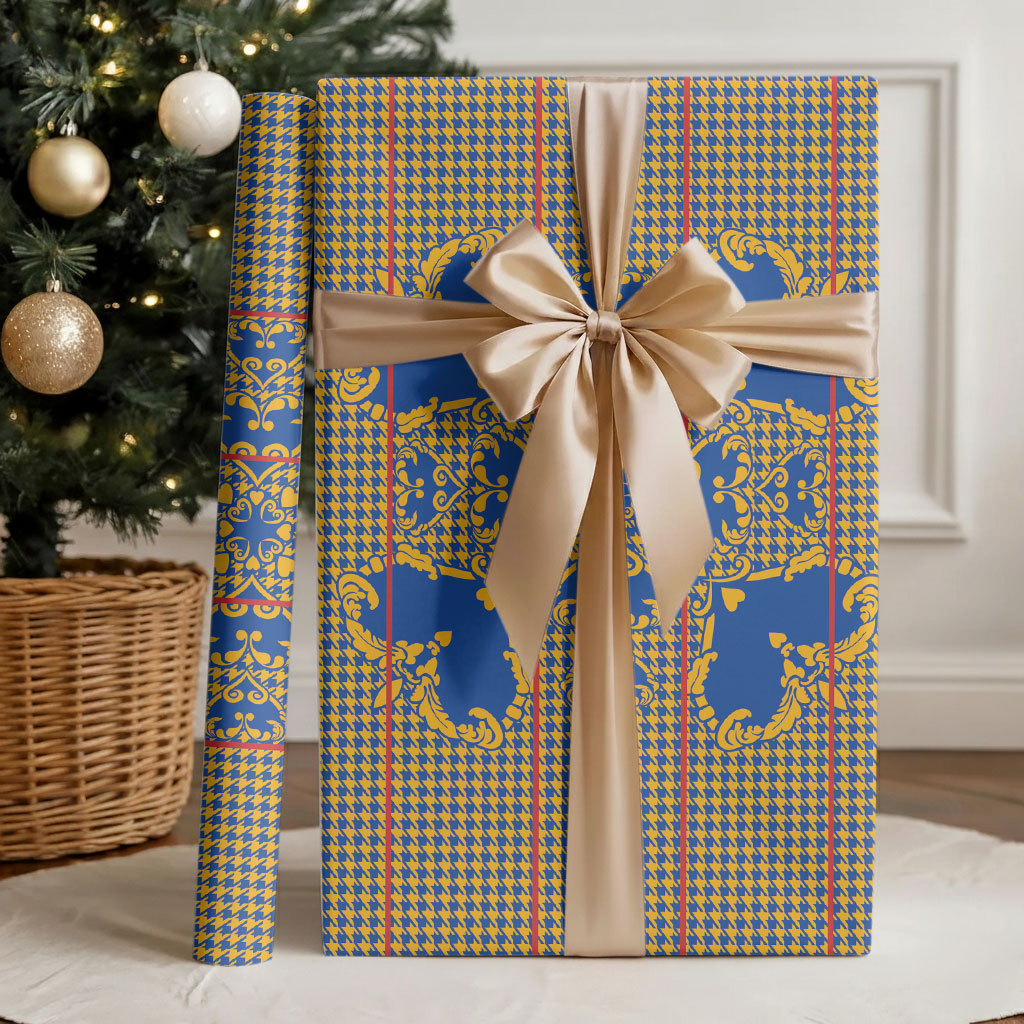 Cobalt Blue Hearts Crown Traditional Geometry Wrapping Paper Seanamarena Basotho Blanket Inspired