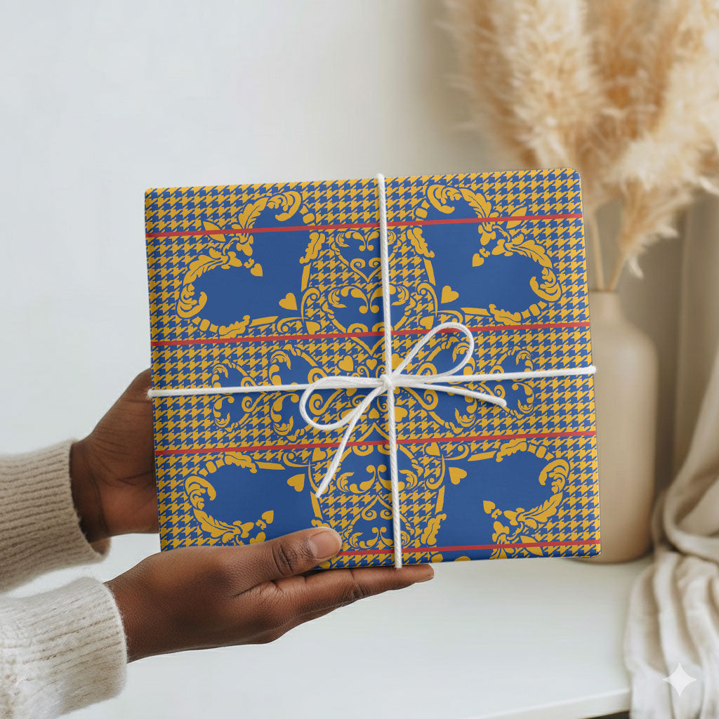 Cobalt Blue Hearts Crown Traditional Geometry Wrapping Paper Seanamarena Basotho Blanket Inspired
