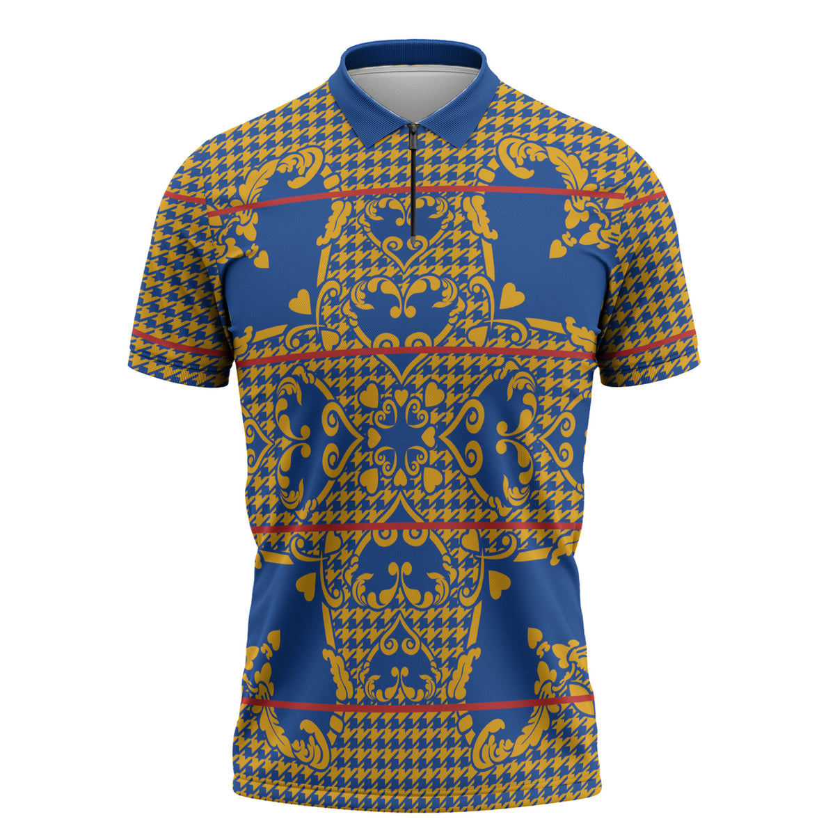 Cobalt Blue Hearts Crown Traditional Geometry Zipper Polo Shirt Seanamarena Basotho Blanket Inspired