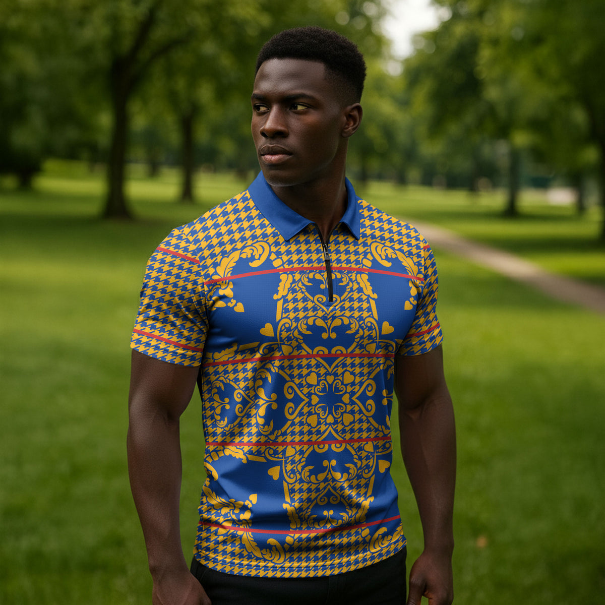 Cobalt Blue Hearts Crown Traditional Geometry Zipper Polo Shirt Seanamarena Basotho Blanket Inspired