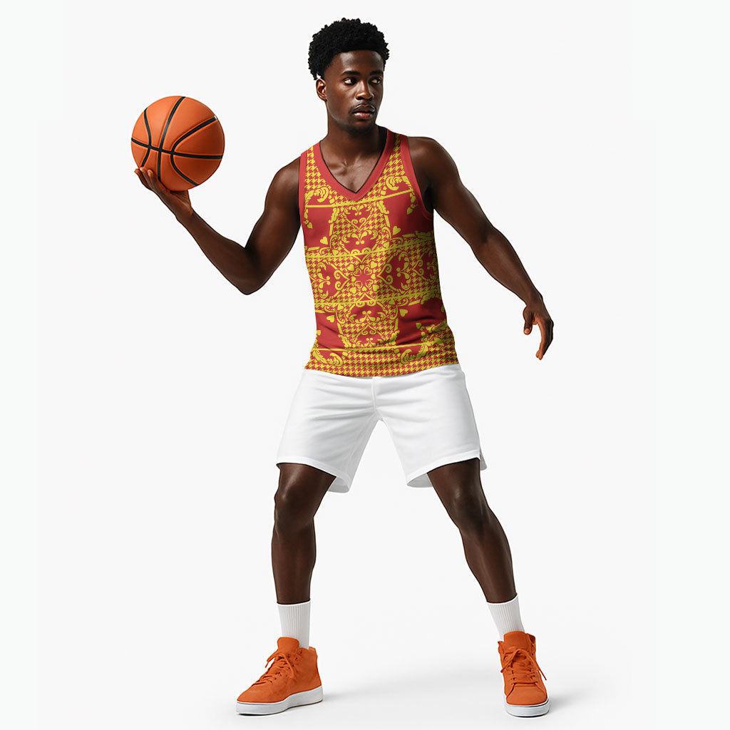 Scarlet Red Hearts Crown Traditional Geometry Basketball Jersey Seanamarena Basotho Blanket Inspired