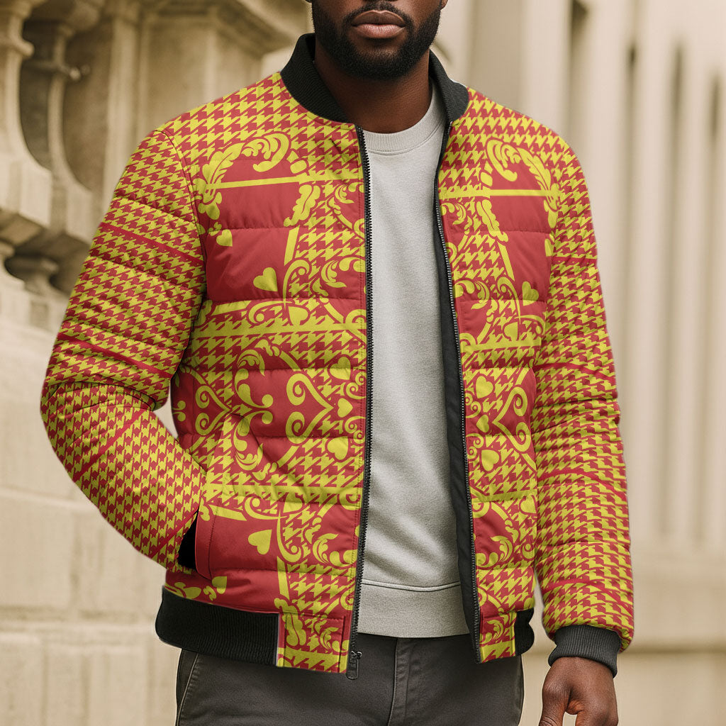 Scarlet Red Hearts Crown Traditional Geometry Bomber Puffer Jacket Seanamarena Basotho Blanket Inspired