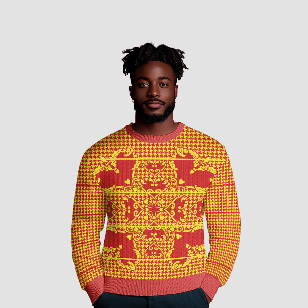 Scarlet Red Hearts Crown Traditional Geometry Ugly Christmas Sweater Seanamarena Basotho Blanket Inspired