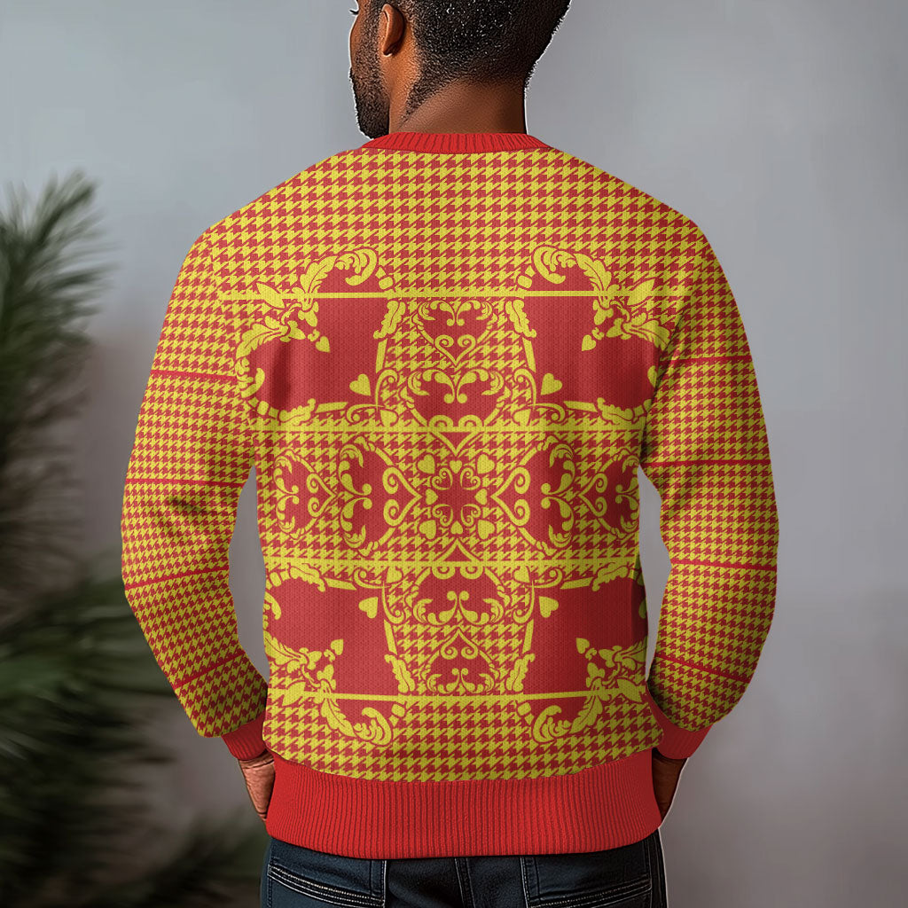 Scarlet Red Hearts Crown Traditional Geometry Ugly Christmas Sweater Seanamarena Basotho Blanket Inspired