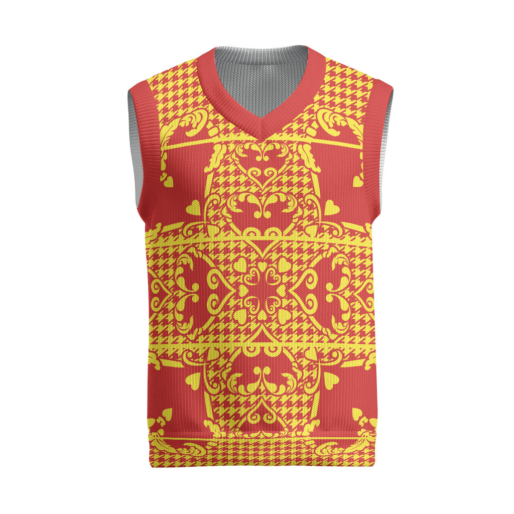 Scarlet Red Hearts Crown Traditional Geometry Christmas Knitted V-Neck Vest Seanamarena Basotho Blanket Inspired