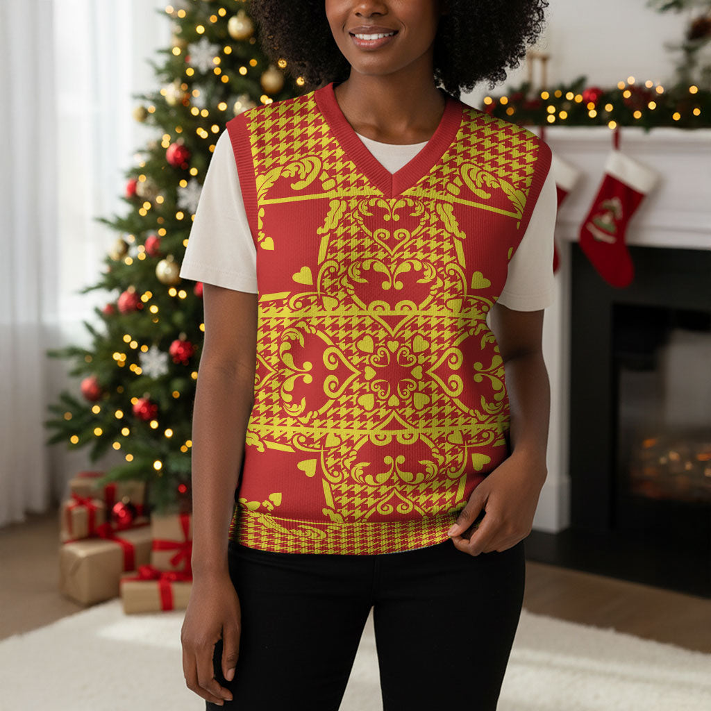 Scarlet Red Hearts Crown Traditional Geometry Christmas Knitted V-Neck Vest Seanamarena Basotho Blanket Inspired