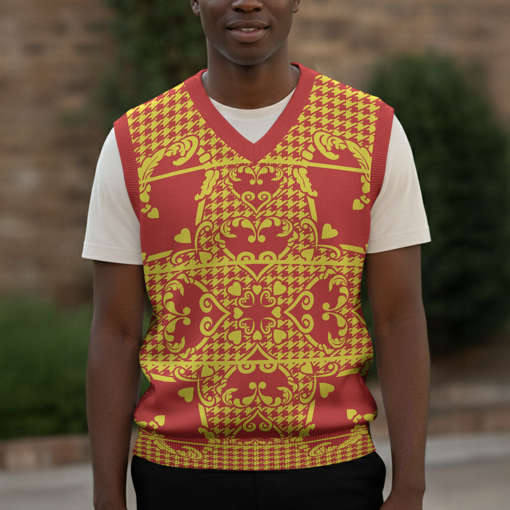 Scarlet Red Hearts Crown Traditional Geometry Christmas Knitted V-Neck Vest Seanamarena Basotho Blanket Inspired