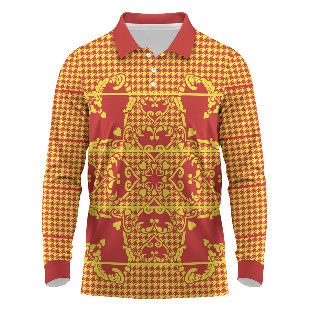 Scarlet Red Hearts Crown Traditional Geometry Long Sleeve Polo Shirt Seanamarena Basotho Blanket Inspired