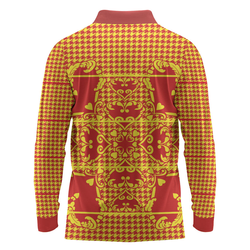 Scarlet Red Hearts Crown Traditional Geometry Long Sleeve Polo Shirt Seanamarena Basotho Blanket Inspired