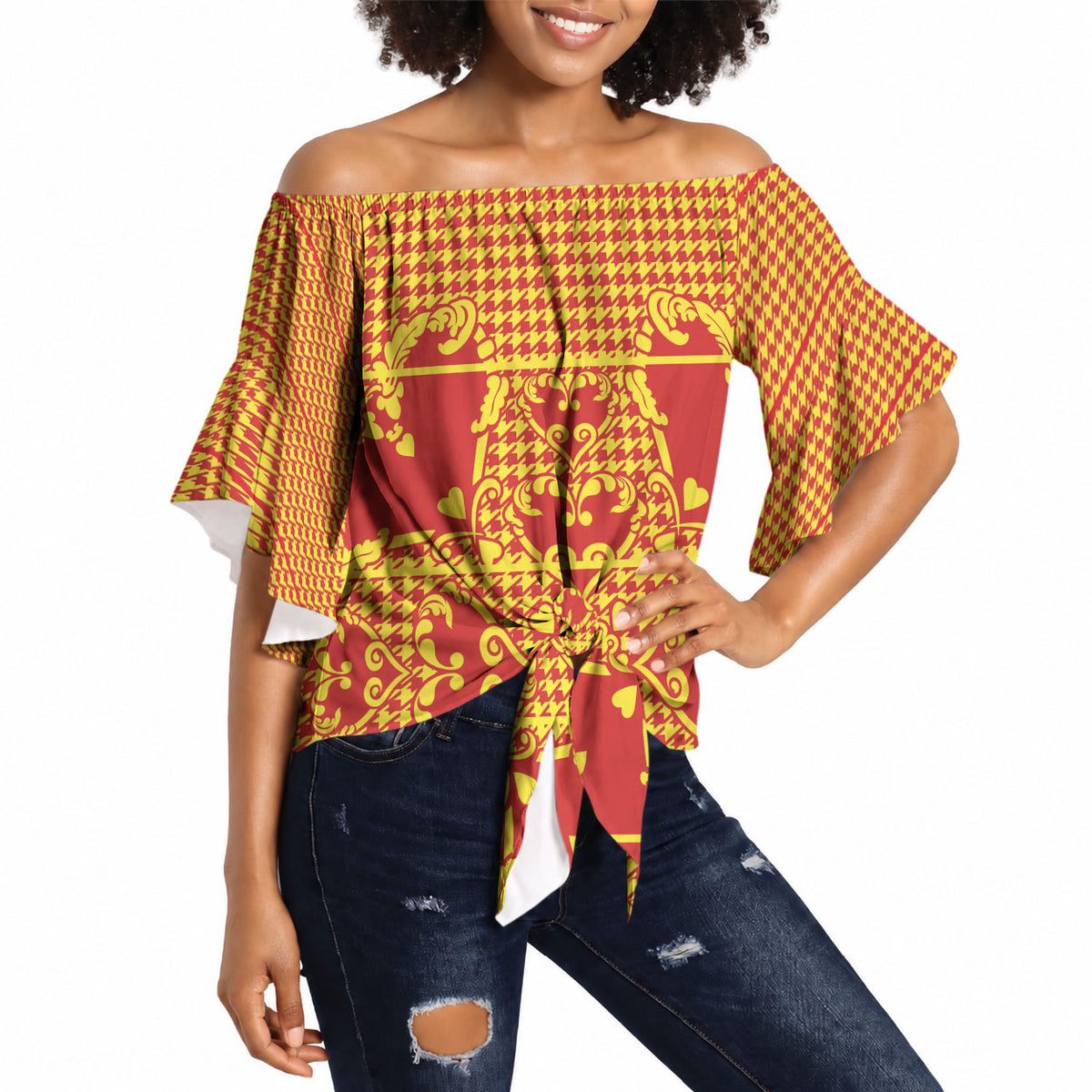 Scarlet Red Hearts Crown Traditional Geometry Off Shoulder Wrap Waist Top Seanamarena Basotho Blanket Inspired