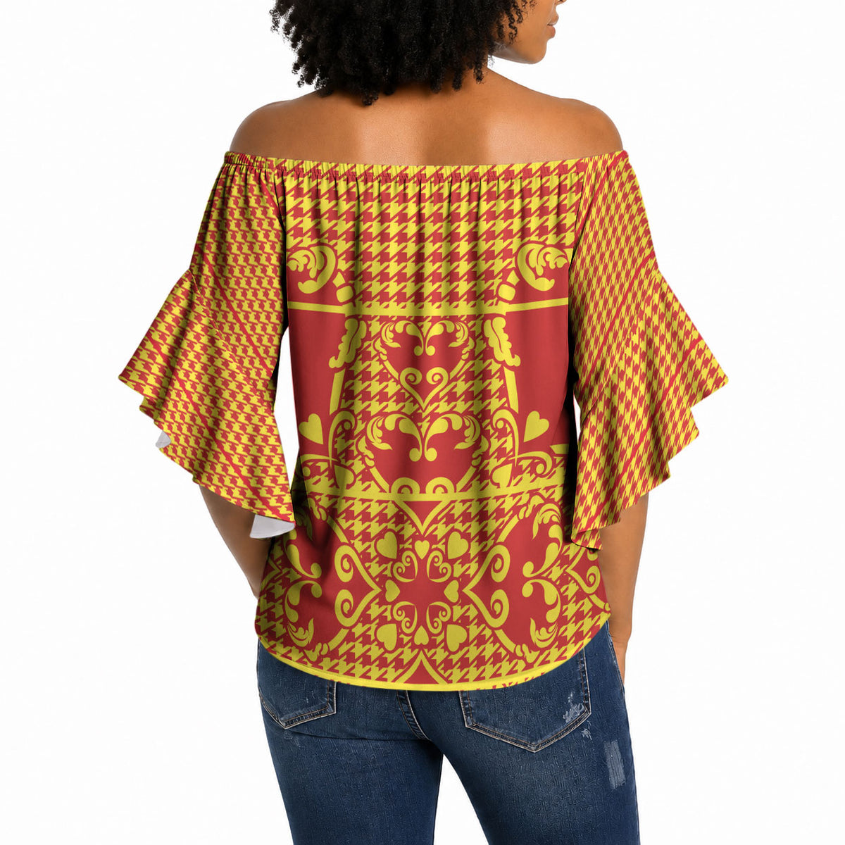 Scarlet Red Hearts Crown Traditional Geometry Off Shoulder Wrap Waist Top Seanamarena Basotho Blanket Inspired