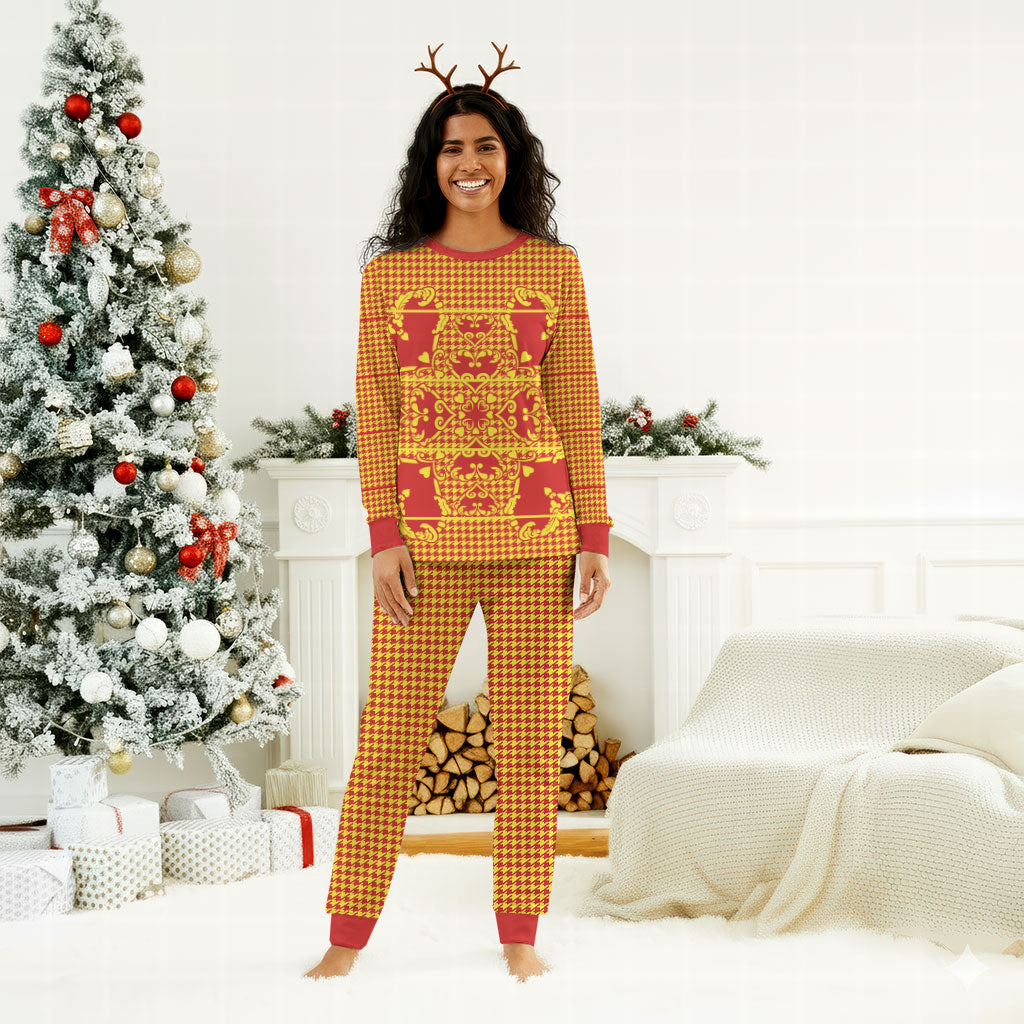 Scarlet Red Hearts Crown Traditional Geometry Christmas Pajama Set Seanamarena Basotho Blanket Inspired