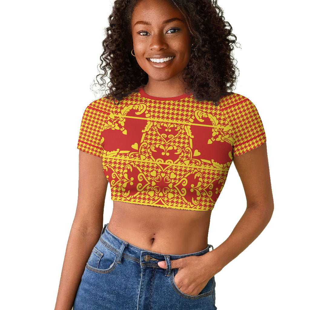 Scarlet Red Hearts Crown Traditional Geometry Raglan Cropped T shirt Seanamarena Basotho Blanket Inspired