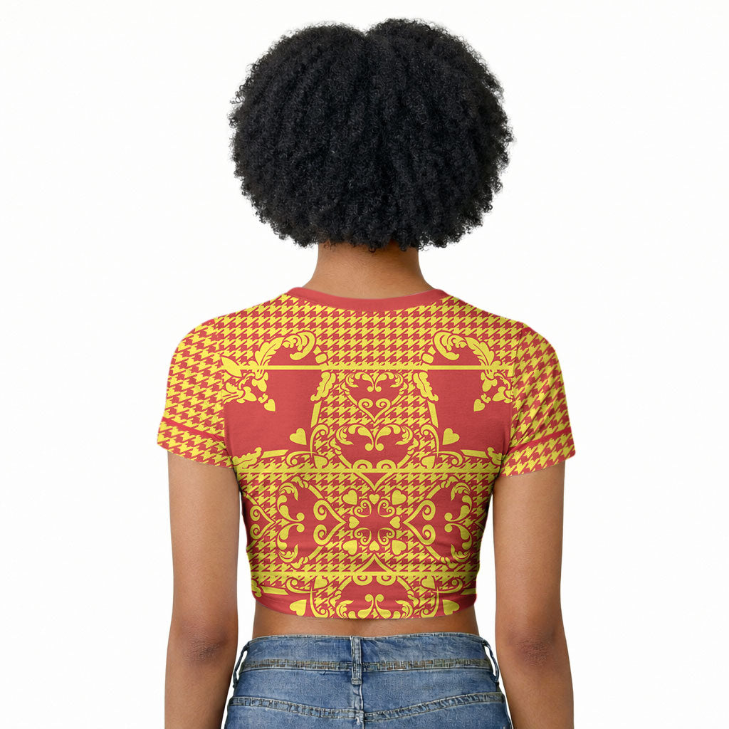 Scarlet Red Hearts Crown Traditional Geometry Raglan Cropped T shirt Seanamarena Basotho Blanket Inspired