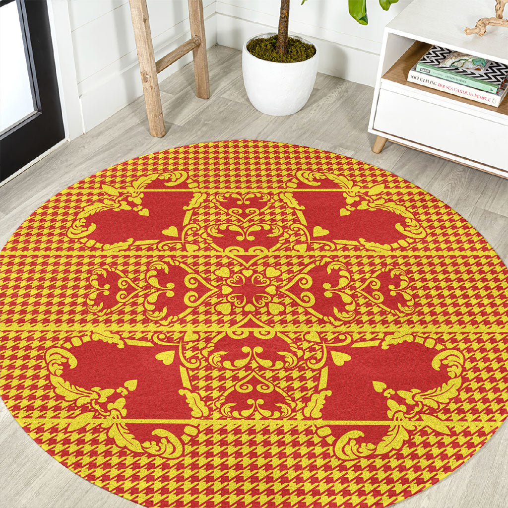 Scarlet Red Hearts Crown Traditional Geometry Round Carpet Seanamarena Basotho Blanket Inspired