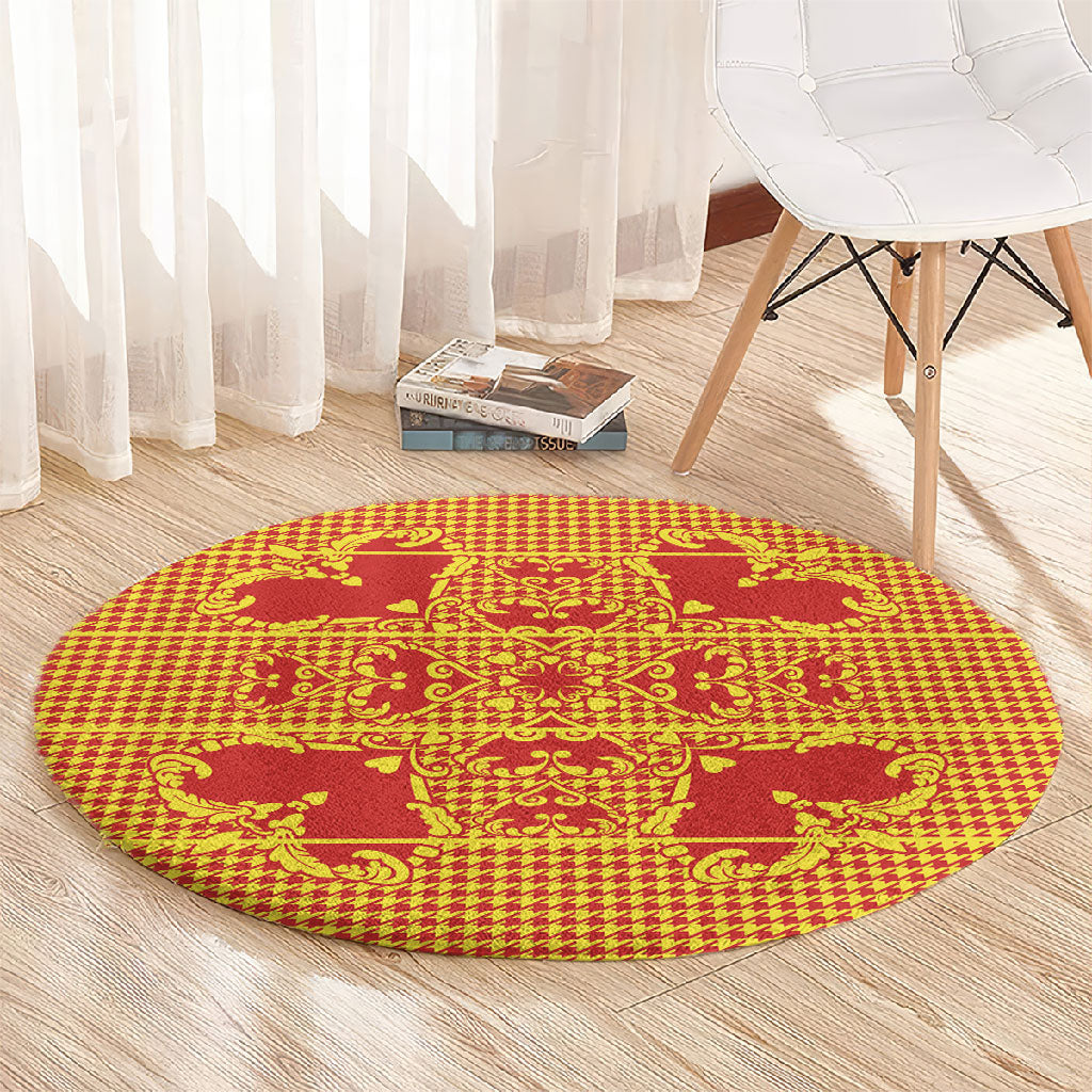 Scarlet Red Hearts Crown Traditional Geometry Round Carpet Seanamarena Basotho Blanket Inspired