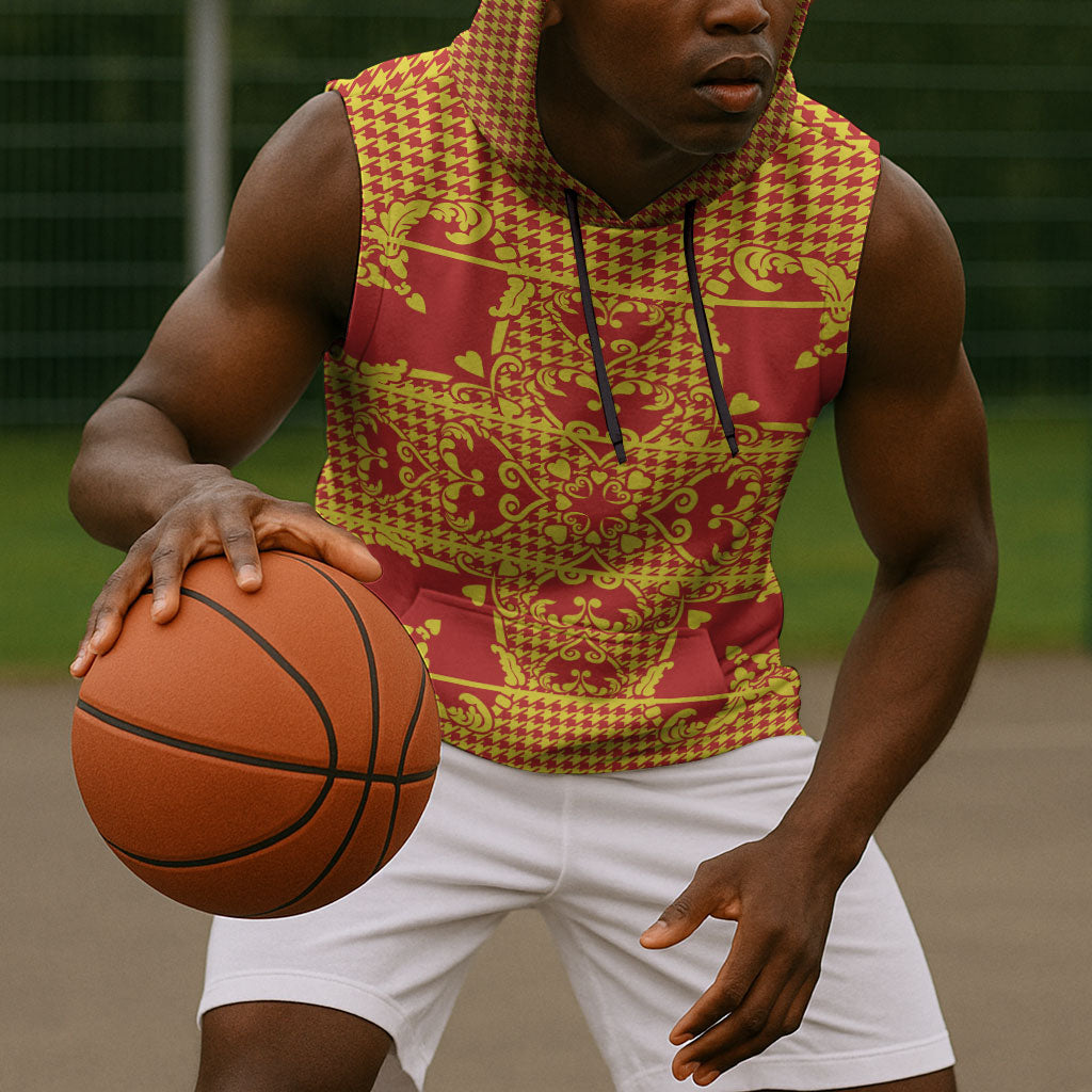 Scarlet Red Hearts Crown Traditional Geometry Sleeveless Hoodie Seanamarena Basotho Blanket Inspired