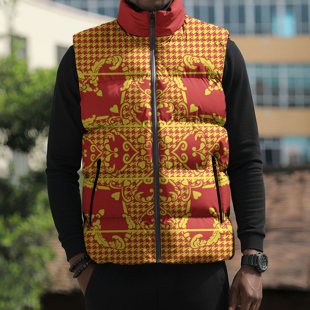 Scarlet Red Hearts Crown Traditional Geometry Sleeveless Puffer Jacket Seanamarena Basotho Blanket Inspired