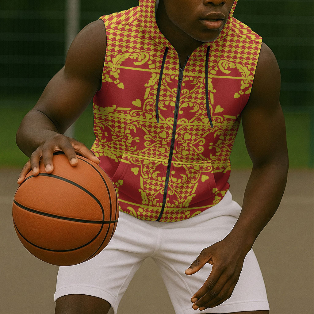 Scarlet Red Hearts Crown Traditional Geometry Sleeveless Zip Hoodie Seanamarena Basotho Blanket Inspired