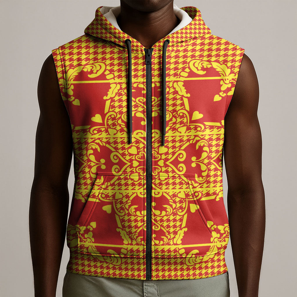 Scarlet Red Hearts Crown Traditional Geometry Sleeveless Zip Hoodie Seanamarena Basotho Blanket Inspired