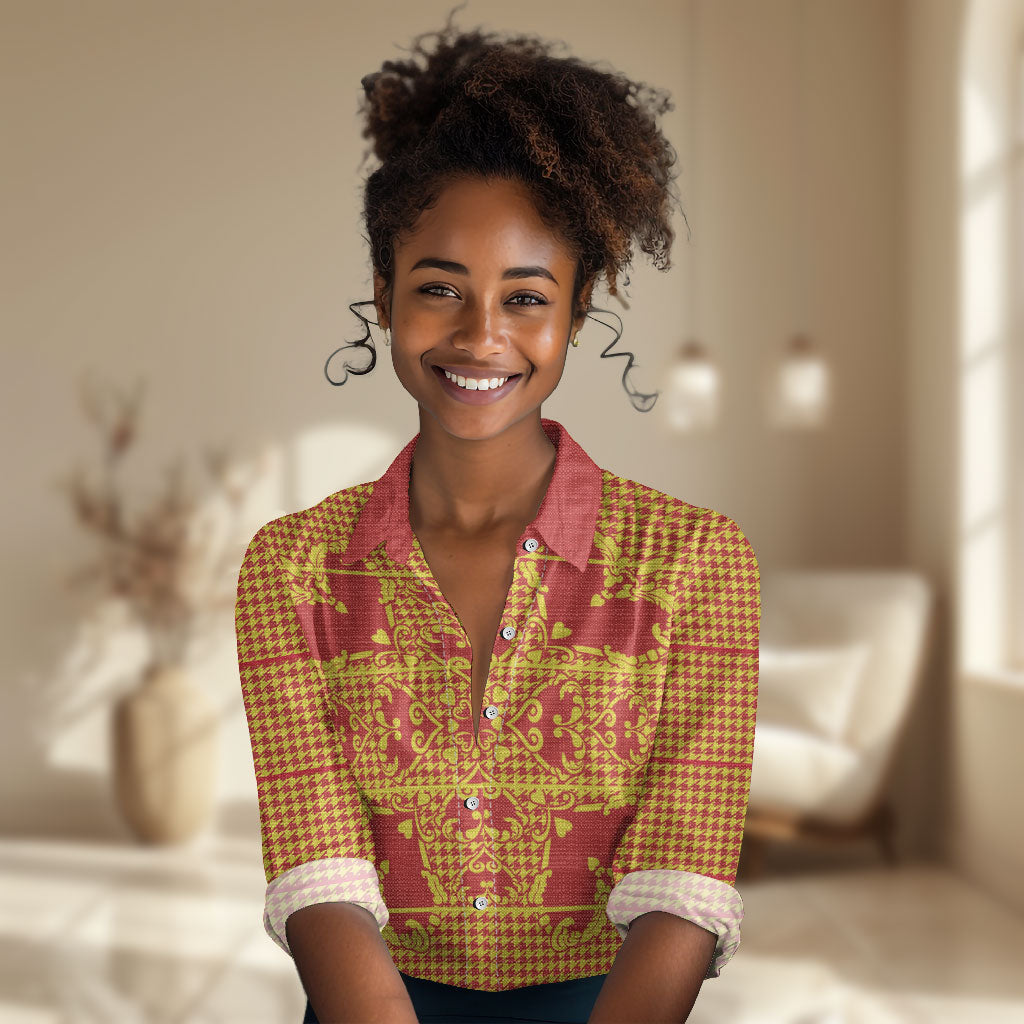 Scarlet Red Hearts Crown Traditional Geometry Women Casual Shirt Seanamarena Basotho Blanket Inspired