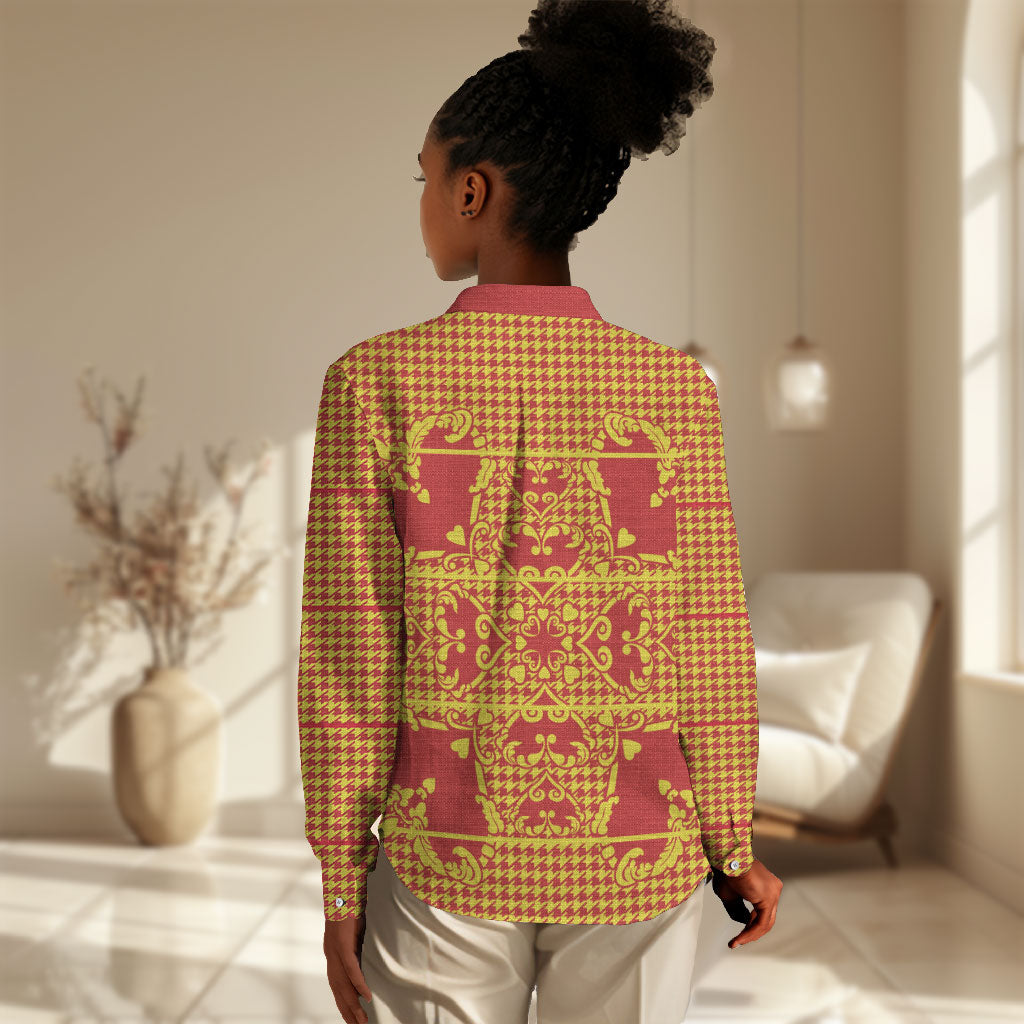 Scarlet Red Hearts Crown Traditional Geometry Women Casual Shirt Seanamarena Basotho Blanket Inspired