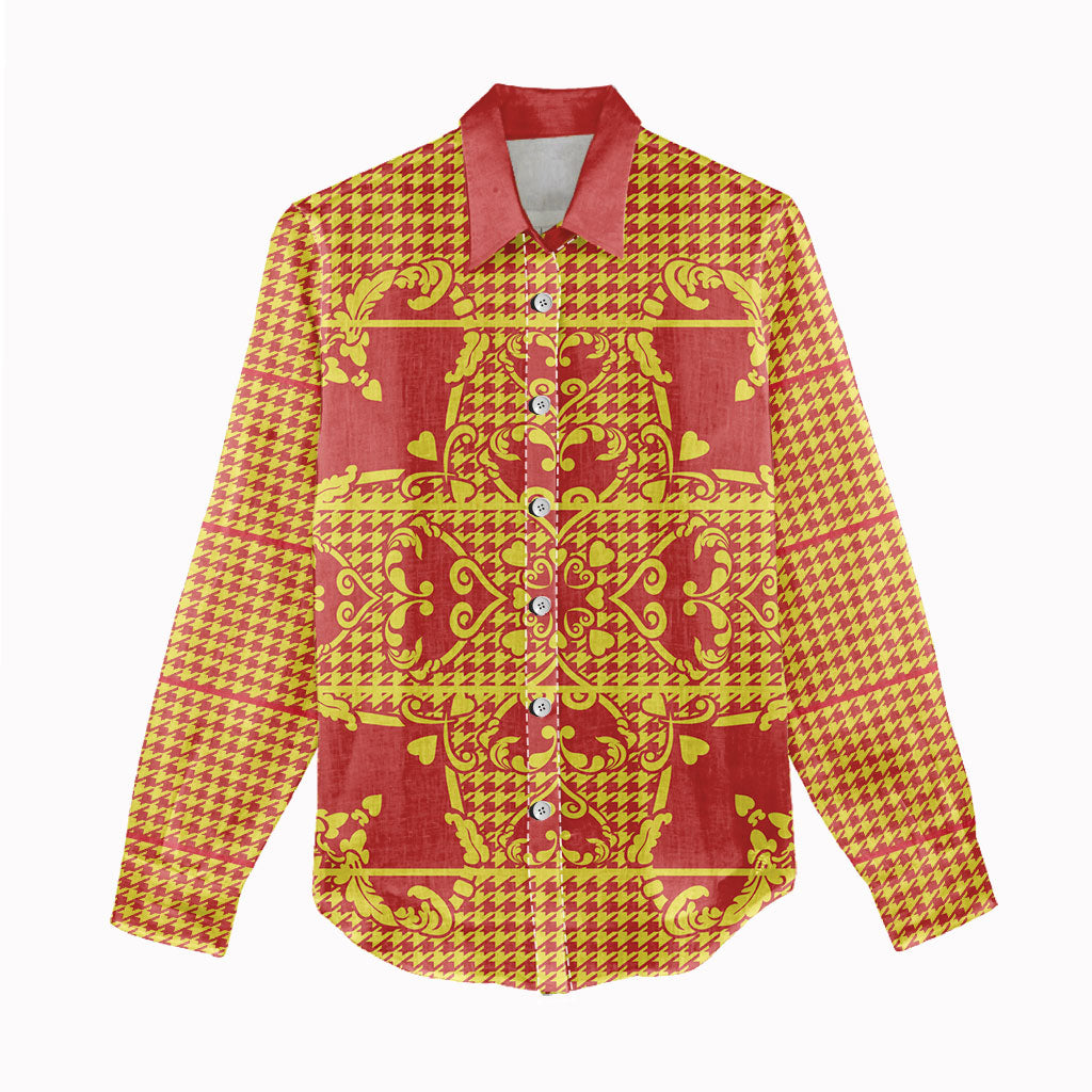Scarlet Red Hearts Crown Traditional Geometry Women Casual Shirt Seanamarena Basotho Blanket Inspired
