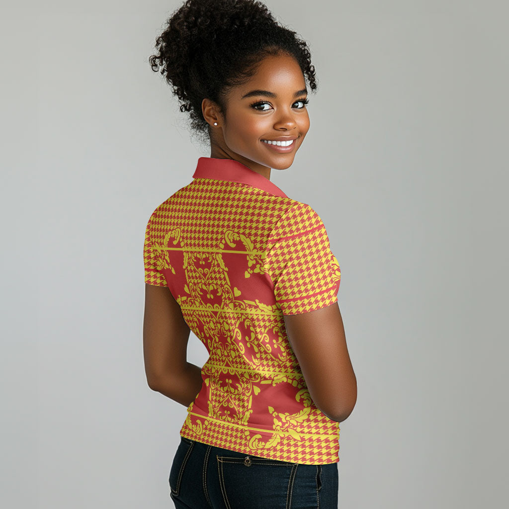 Scarlet Red Hearts Crown Traditional Geometry Women Polo Shirt Seanamarena Basotho Blanket Inspired