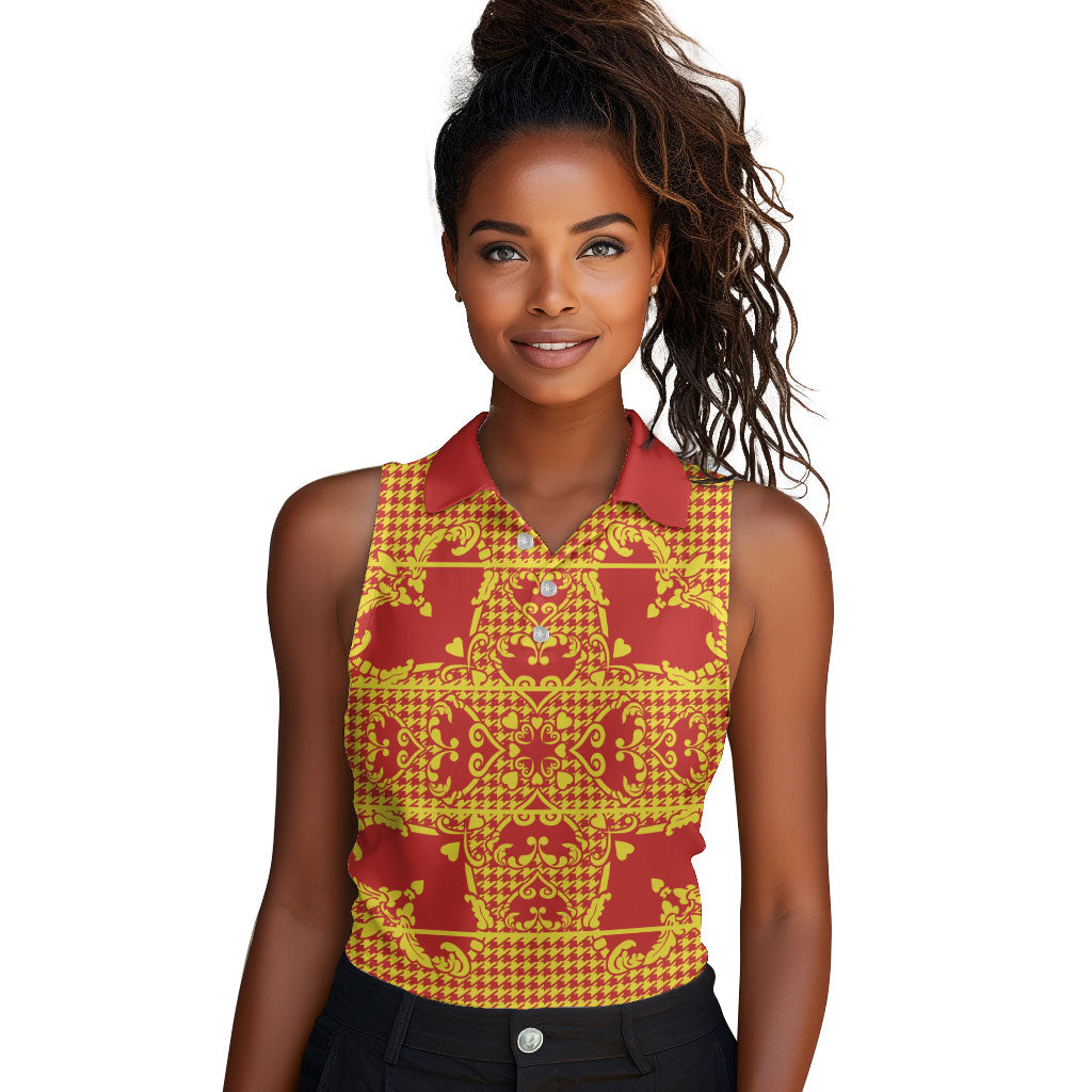 Scarlet Red Hearts Crown Traditional Geometry Women Sleeveless Polo Shirt Seanamarena Basotho Blanket Inspired