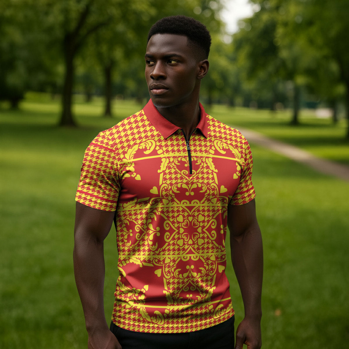 Scarlet Red Hearts Crown Traditional Geometry Zipper Polo Shirt Seanamarena Basotho Blanket Inspired