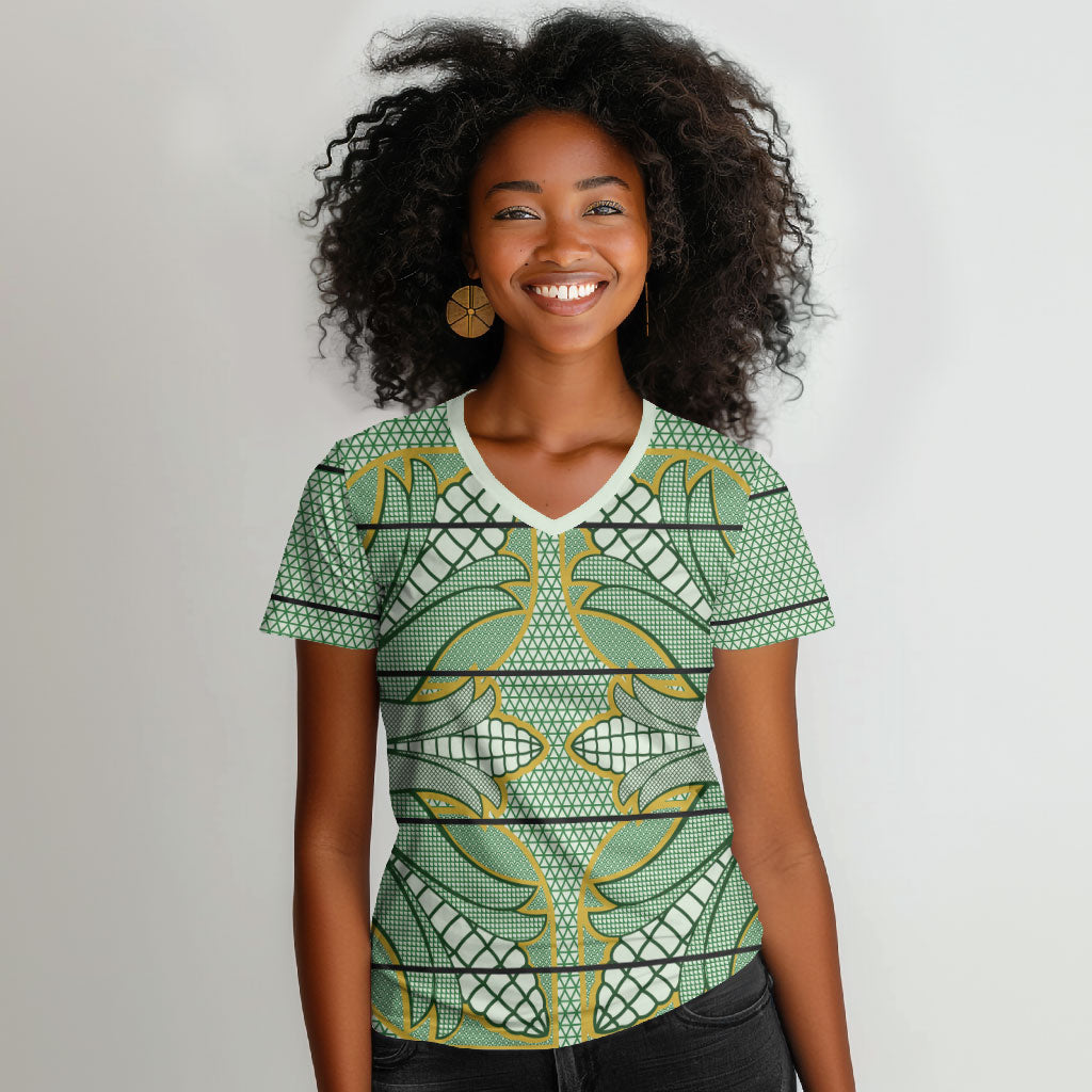 Emerald Green Khotso Mojalefa Poone Women V-Neck T-Shirt Basotho Khotso Blanket Inspired