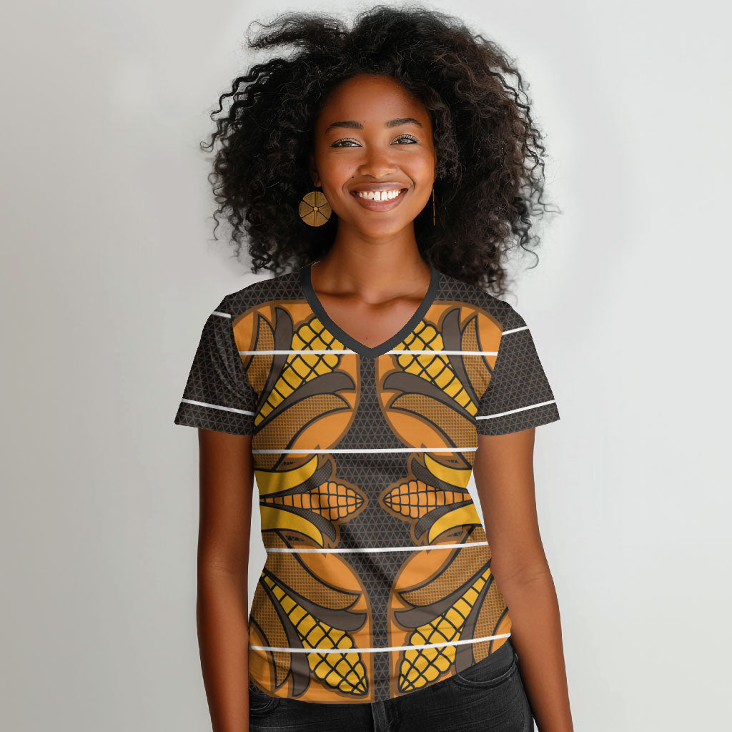 Old Gold Khotso Mojalefa Poone Women V-Neck T-Shirt Basotho Khotso Blanket Inspired