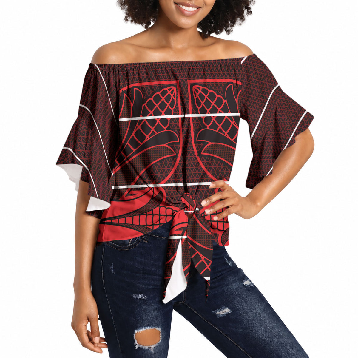 Scarlet Red Khotso Mojalefa Poone Off Shoulder Wrap Waist Top Basotho Khotso Blanket Inspired
