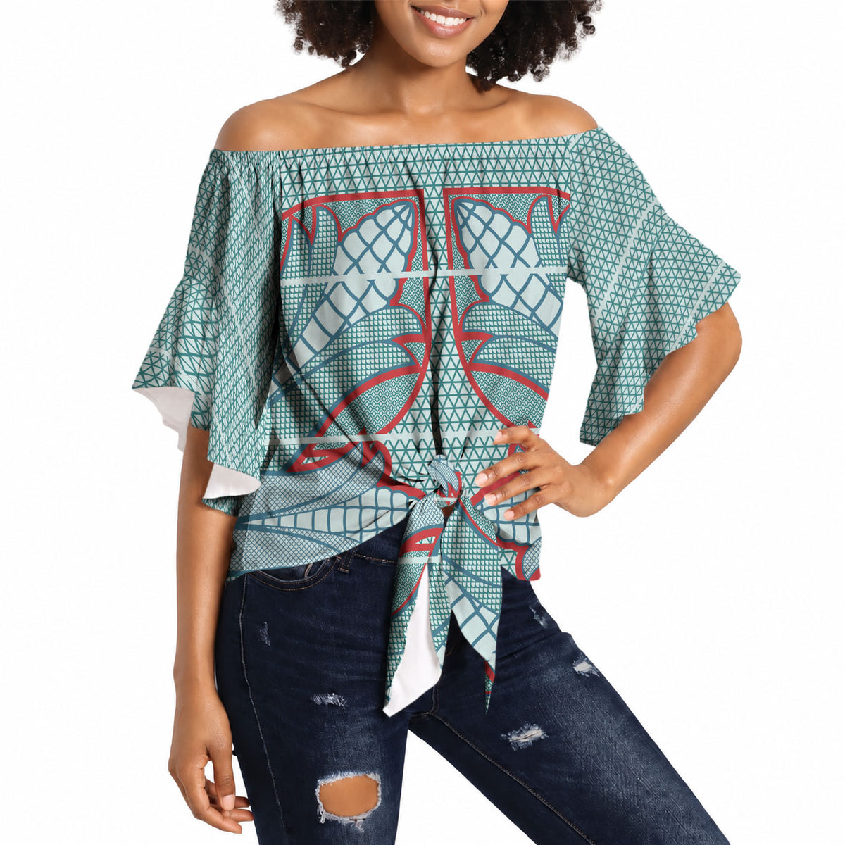 Turquoise Khotso Mojalefa Poone Off Shoulder Wrap Waist Top Basotho Khotso Blanket Inspired