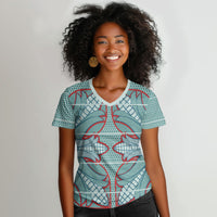 Turquoise Khotso Mojalefa Poone Women V-Neck T-Shirt Basotho Khotso Blanket Inspired