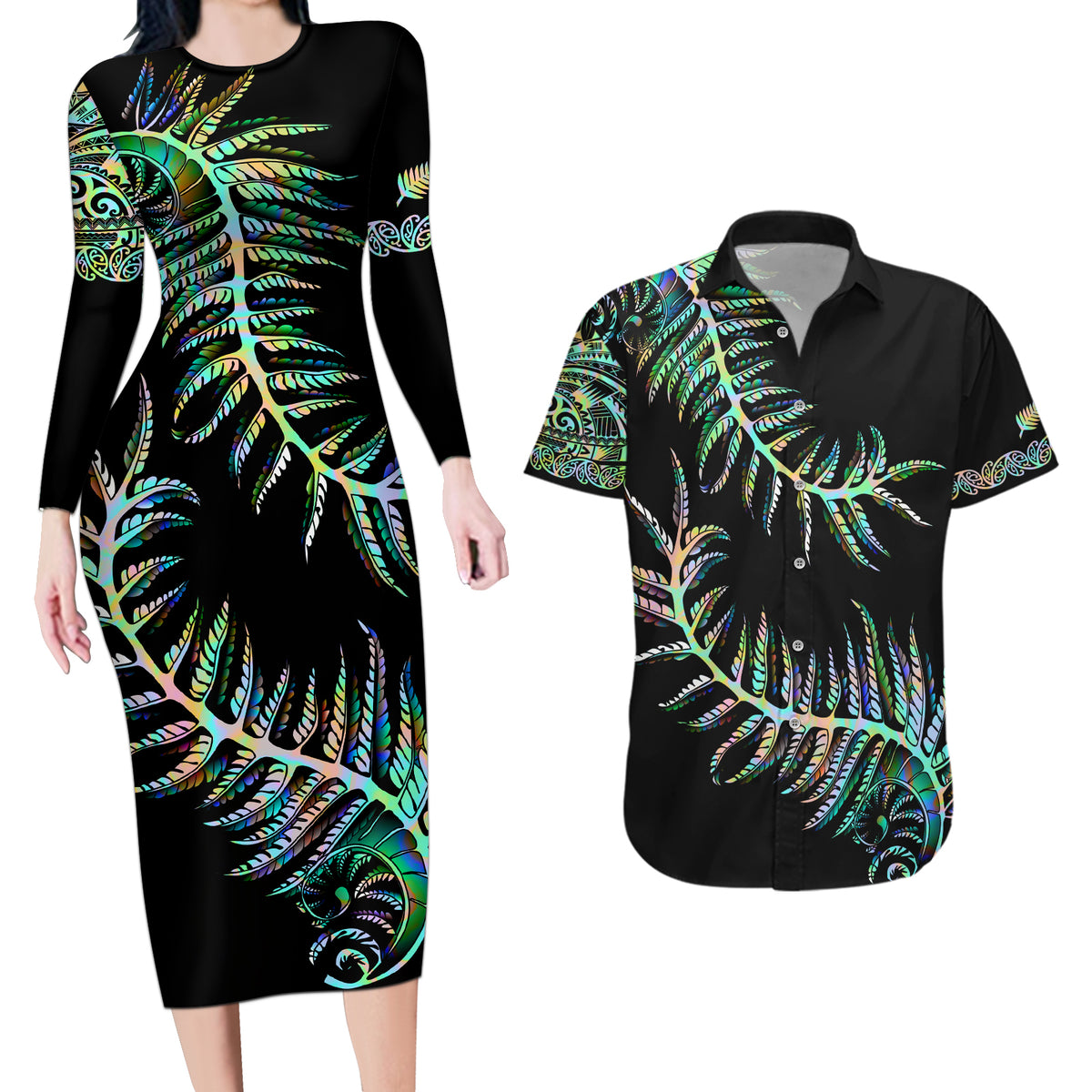 New Zealand Couples Matching Long Sleeve Bodycon Dress and Hawaiian Shirt Aotearoa Silver Fern Mixed Papua Shell Green Vibe LT9 - Wonder Print Shop