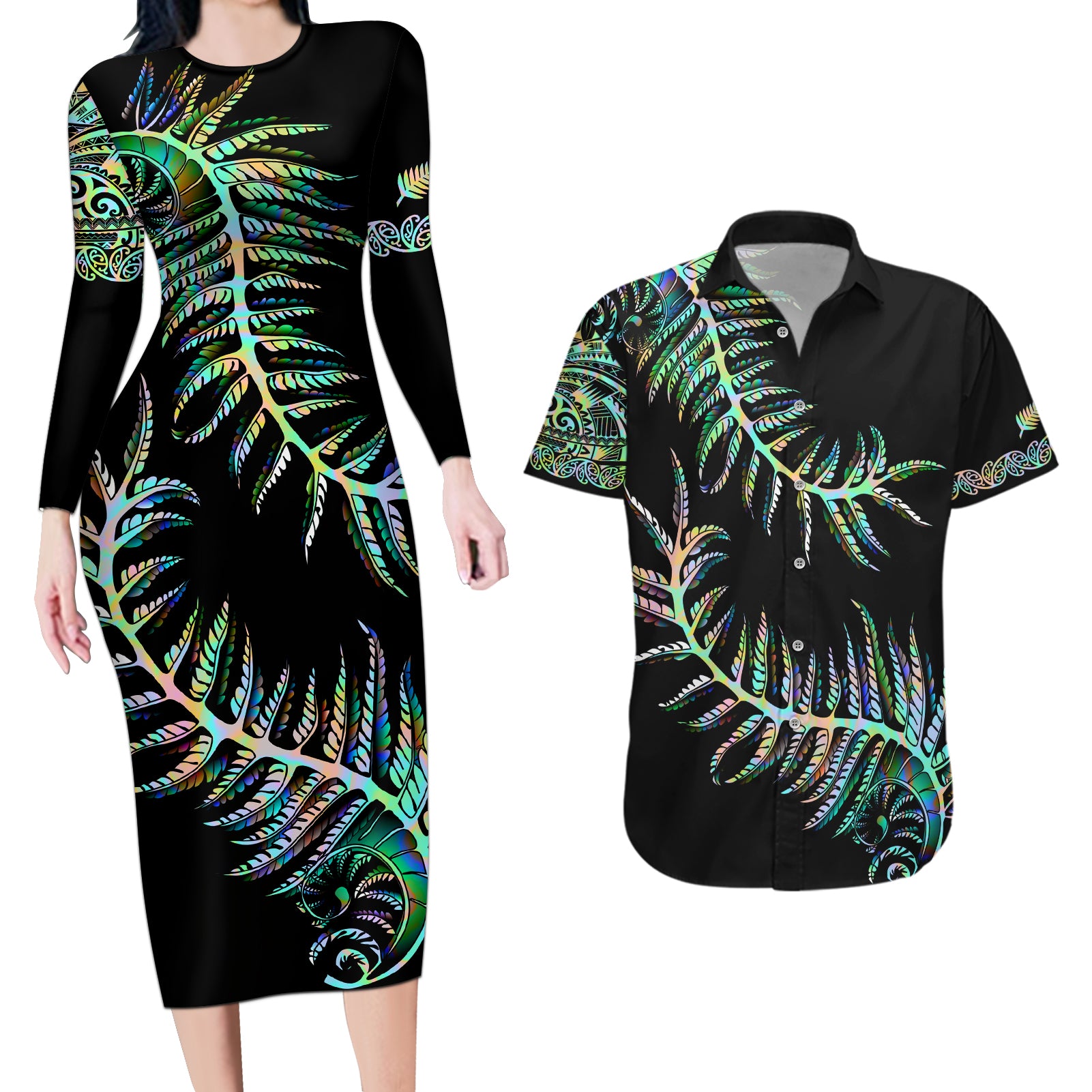 New Zealand Couples Matching Long Sleeve Bodycon Dress and Hawaiian Shirt Aotearoa Silver Fern Mixed Papua Shell Green Vibe LT9 - Wonder Print Shop